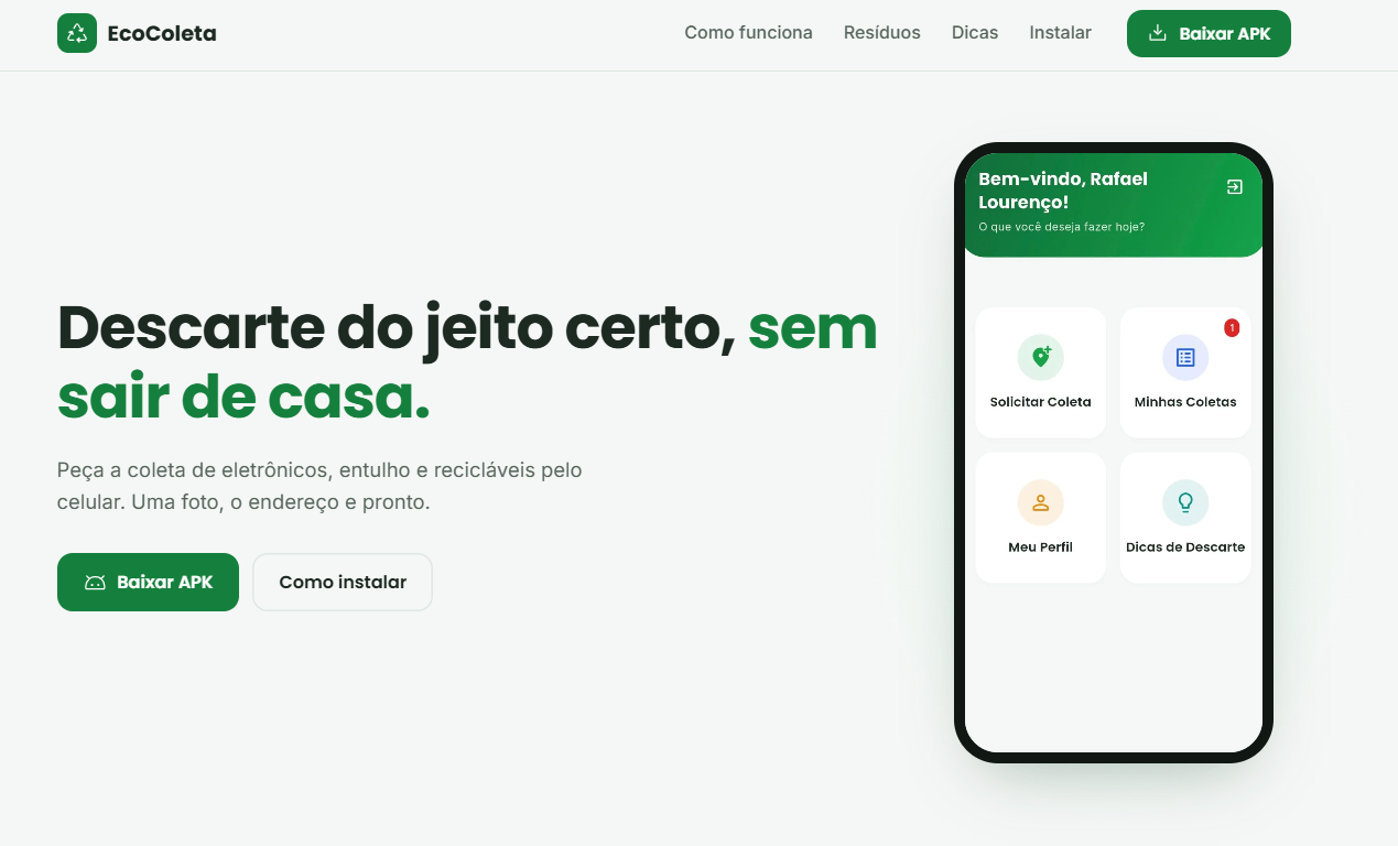 Página inicial do site do EcoColeta com o app aberto no celular