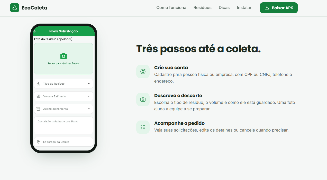Seção do site do EcoColeta explicando os três passos até a coleta