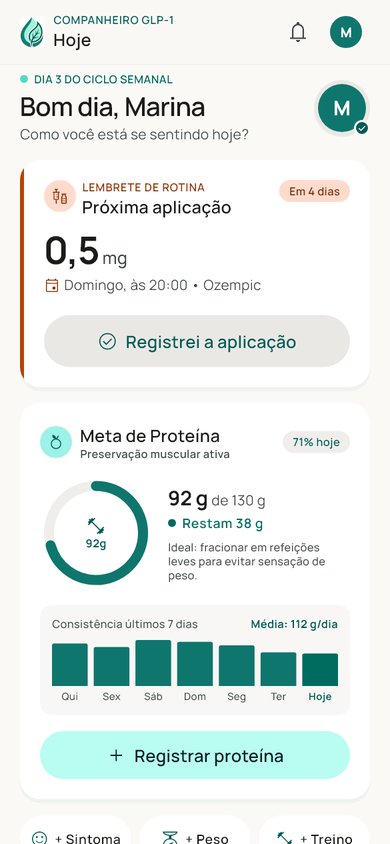 Tela Hoje do Companheiro GLP-1 com a próxima aplicação e a meta de proteína