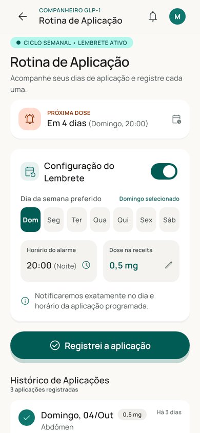 Tela de rotina de aplicação com o lembrete semanal da dose