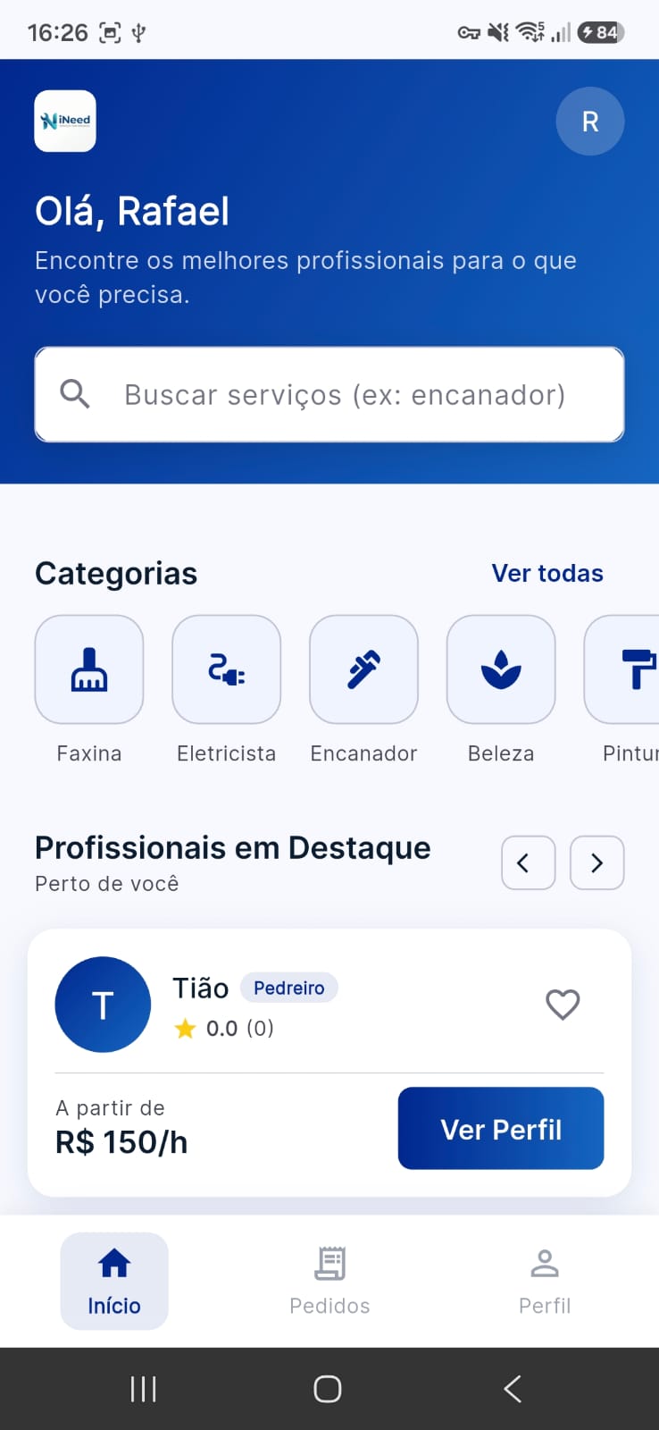 Tela inicial do iNeed com as categorias de serviço